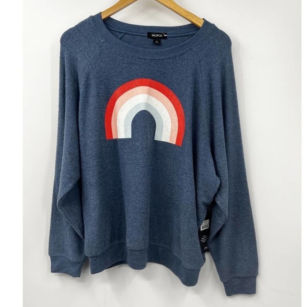 Wildfox Sweatshirt Women's Freedom Rainbow Pullover Stretch Blue Size L‎ New - Picture 2 of 8